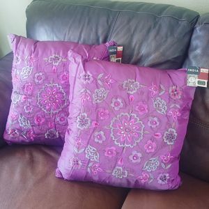 Embellished Embroidered Purple Pillows 20in x 20in Set Of 2 Made In India New